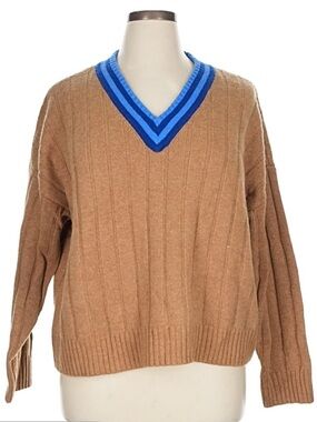 Madewell Camel V‑Neck Wool Sweater with Blue Stripe Trim